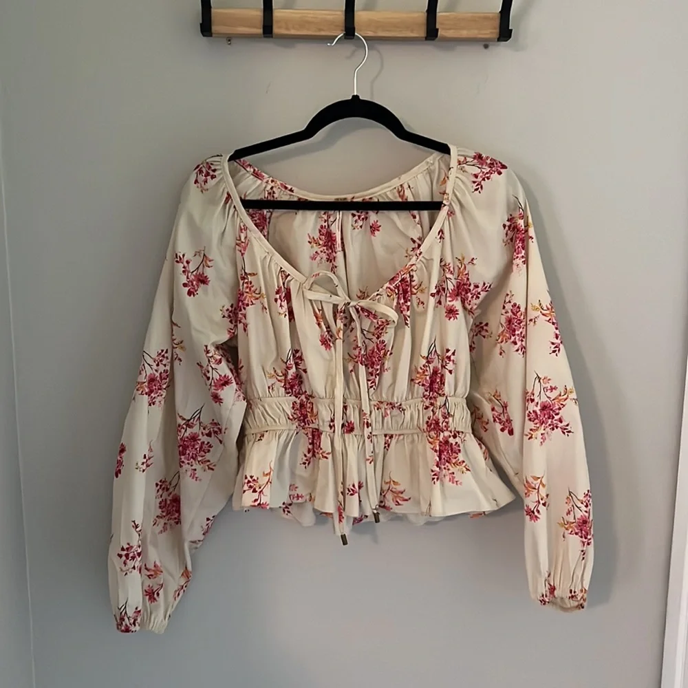 Free People Floral Milkmaid Peplum Top | Small | Cream & Pink - Picture 3 of 5
